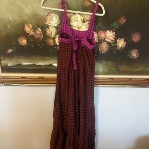 Anthropologie Pink and Brown Gingham Maxi Dress